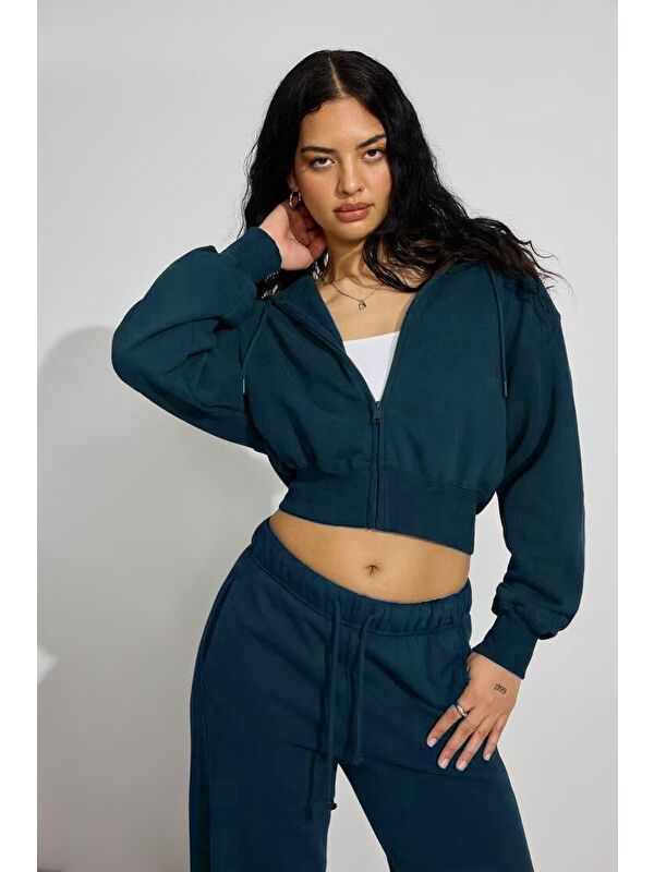 Madmext Lacivert Crop Kapüşonlu Fermuarlı Kadın Sweatshirt Mg2608