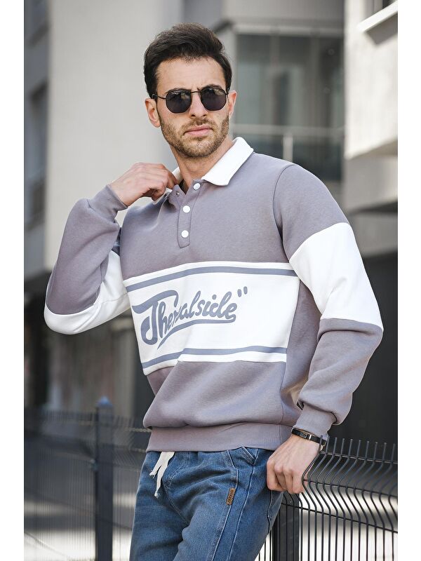 Oksit Real Side Baskılı Üç İplik Şardonlu Slim Fit Polo Yaka Erkek Sweatshirt