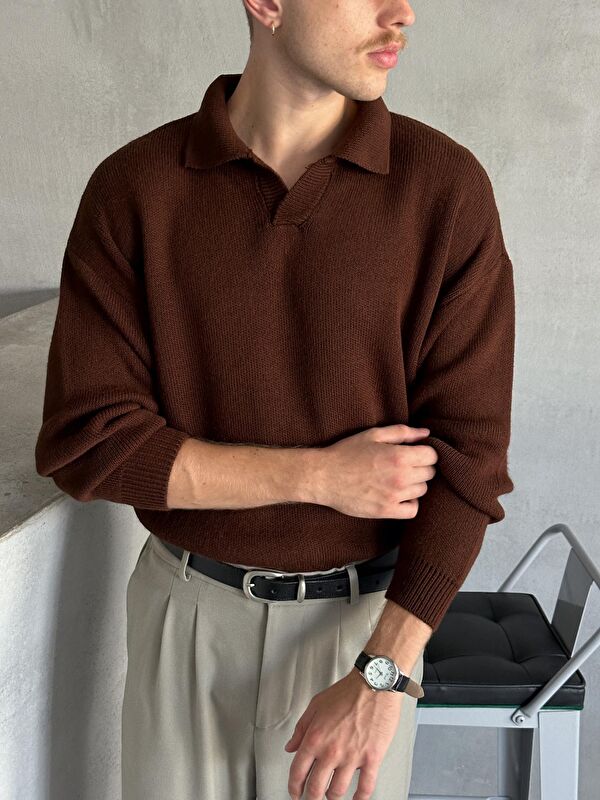 HYMAN Erkek Polo Yaka Örme Oversize Kazak