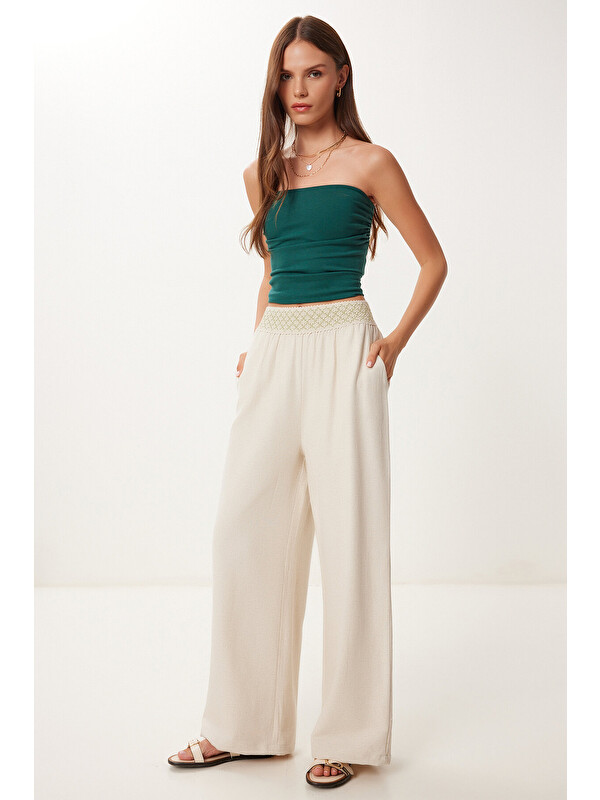 Happiness İstanbul Örgü Detaylı Keten Pantolon KREM HBV0009