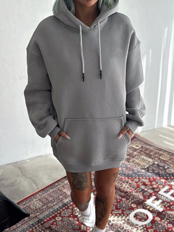 Jane's Kapüşonlu Üç İplik Penye Basic SweatShirt - Boyalı Gri