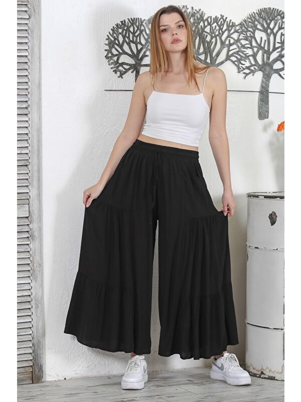 Chiccy İtalyan Siyah Büzgülü Dokuma İspanyol Paça Casual Pantolon