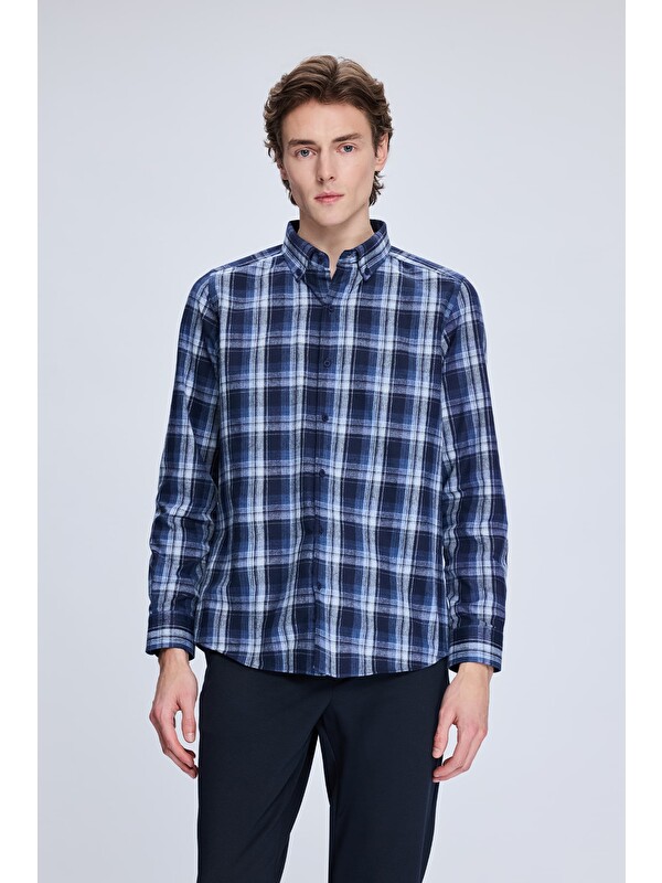 Hatemoğlu Lacivert Slim Fit Kareli Düğmeli Yaka Uzun Kollu Pamuklu Gömlek