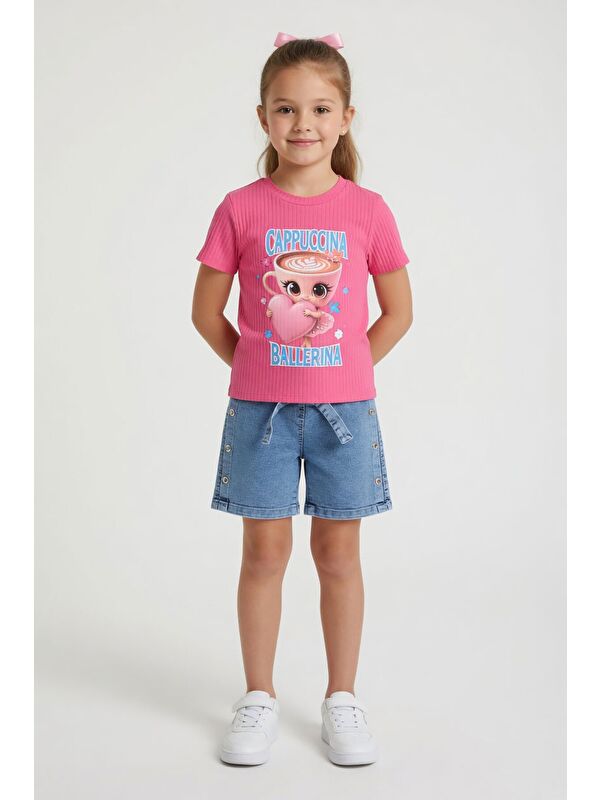 Cansın Mini Pembe Balerin Baskılı Tişörtlü Düğmeli Jean Şortlu Kız Çocuk 2li Takım 24167