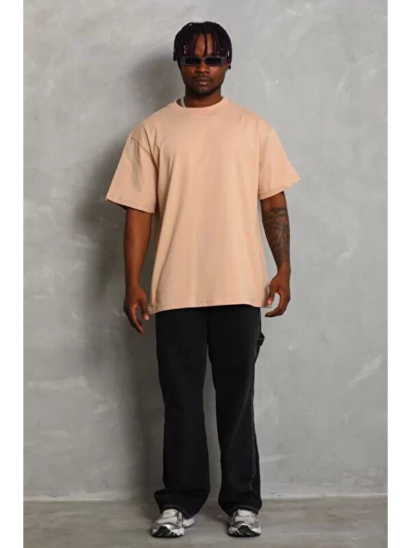 Jane's Unisex Oversize Düz Bisiklet Yaka T-Shirt - Bej
