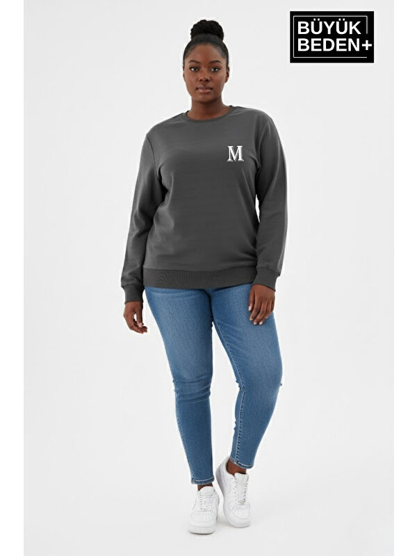 Süperlife Kadın Büyük Beden M Baskılı Bisiklet Yaka ince Sweatshirt SPR26BSWK956-13