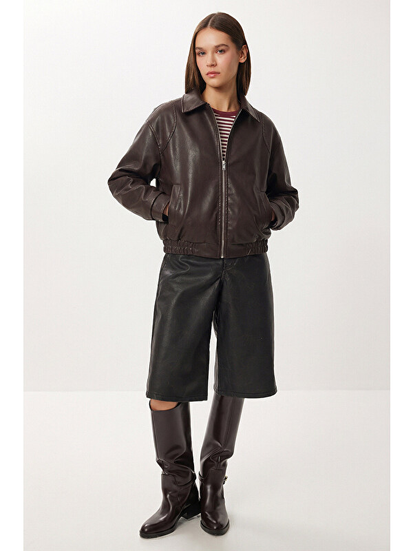 Happiness İstanbul Suni Deri Bomber Ceket KAHVERENGİ LAX0002