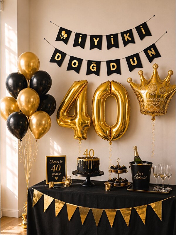 Parti Adresi 40 Yaş Balon Seti Doğum Günü Parti Seti Siyah Altın