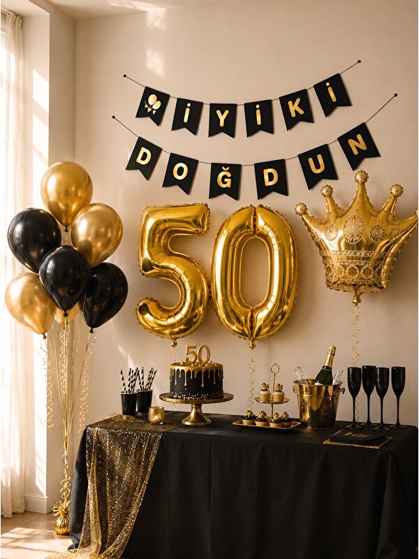 Parti Adresi 50 Yaş Balon Seti Doğum Günü Parti Seti Siyah Altın