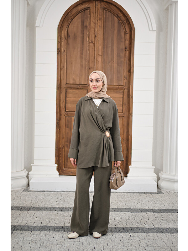 Locco Moda Kadın Yandan Bağlamalı Broş Detay Takım Haki Yeşil
