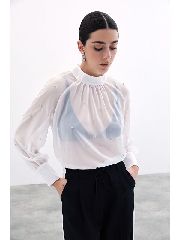 SATEEN Taş Detaylı Transparan Bluz - Ekru