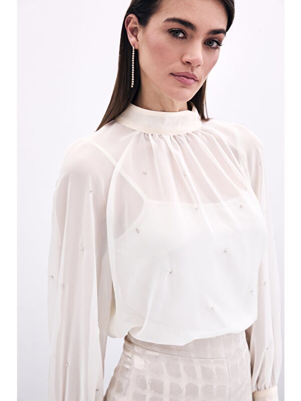 SATEEN Taş Detaylı Transparan Bluz - Krem
