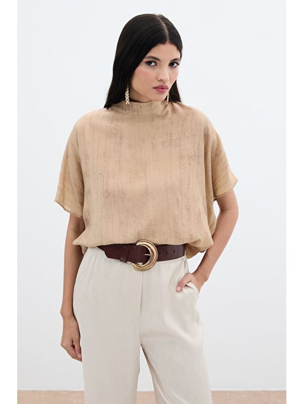 SATEEN Desenli Salaş Bluz - Camel