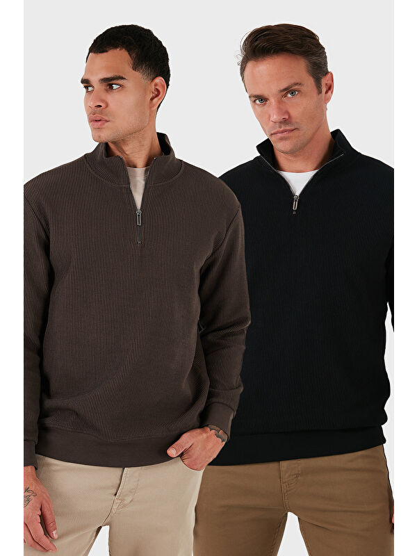 Buratti Pamuklu Regular Fit Yarım Fermuarlı Dik Yaka 2'li Paket Sweat 5905716S2