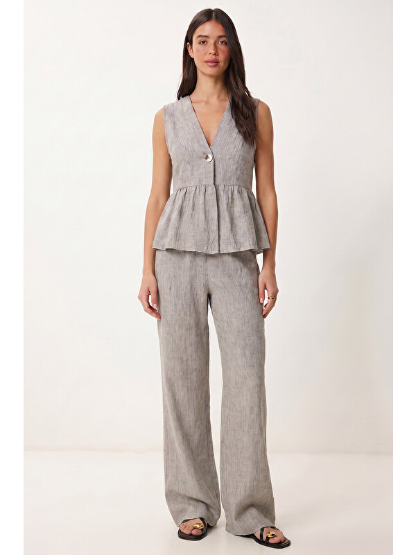 Happiness İstanbul Keten Bluz Pantolon Takım GRİ LAZ0009