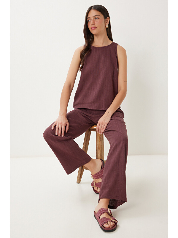 Happiness İstanbul Keten Bluz Pantolon Takım MÜRDÜM HMC0001
