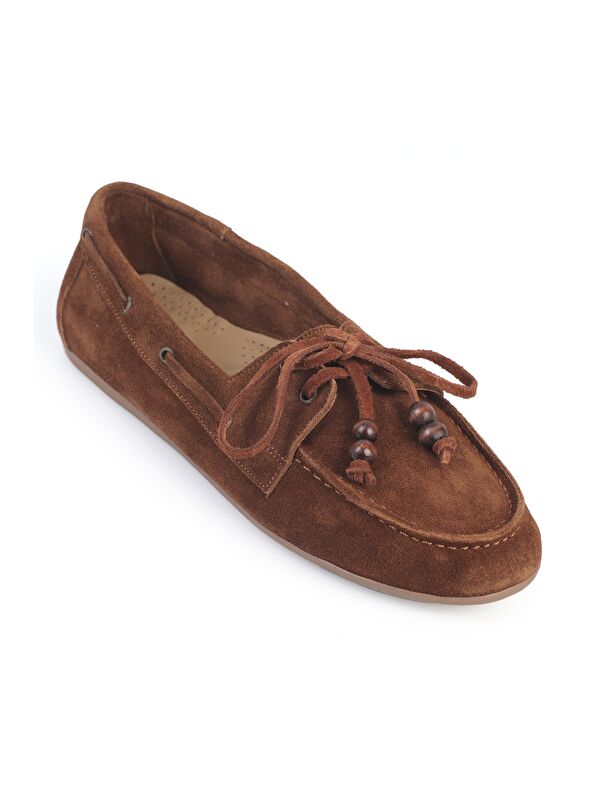 Capone Outfitters Vicki Hakiki Deri Süet Bağcıklı Boncuklu Konfor Kadın Loafer Tekne Ayakkabısı