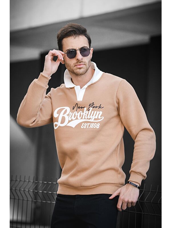 Oksit Est 1898 Baskılı Üç İplik Şardonlu Slim Fit Polo Yaka Erkek Sweatshirt