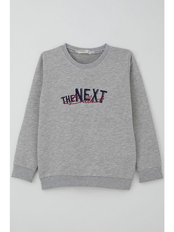 Breeze Erkek Çocuk Sweatshirt Yazı Nakış Baskılı Gri Melanj (5-10 Yaş)