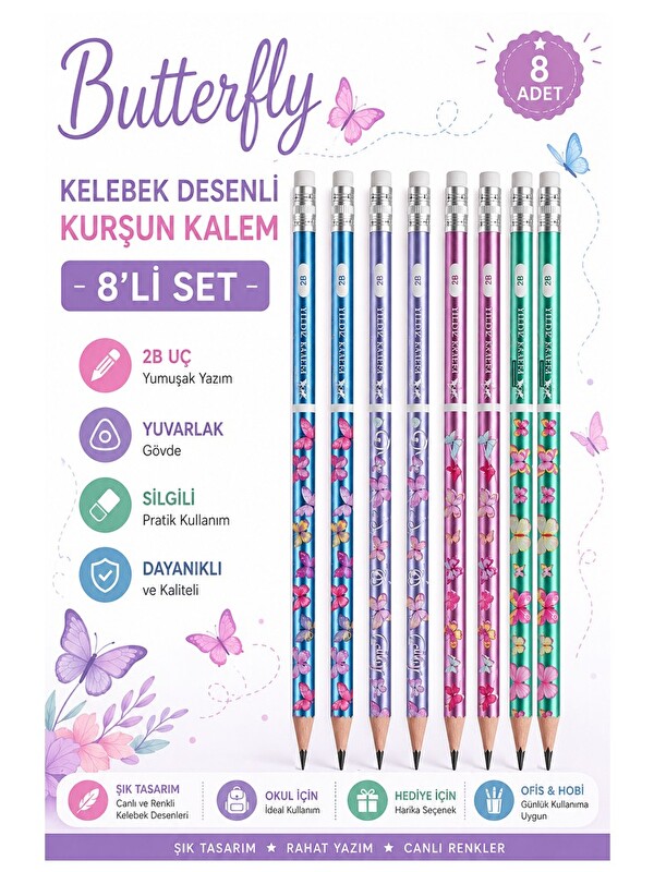 Faber-Castell Kelebek Silgili Kurşun Kalem 8 Adet Yuvarlak Gövdeli Siyah Kurşun Kalem Yumuşak Yazım