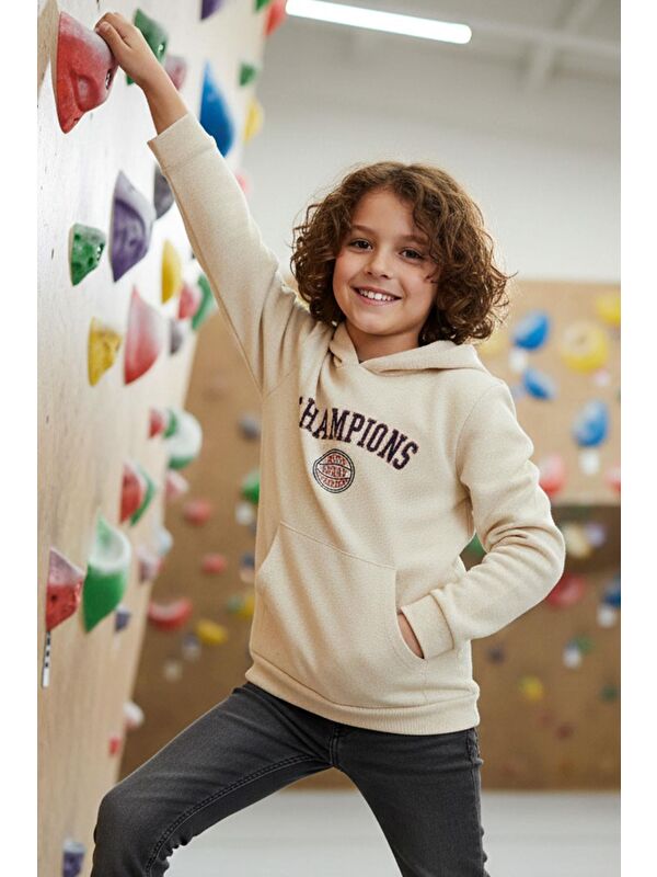 Breeze Erkek Çocuk Sweatshirt Yazı Baskılı Kapüşonlu Krem (4-8 Yaş)