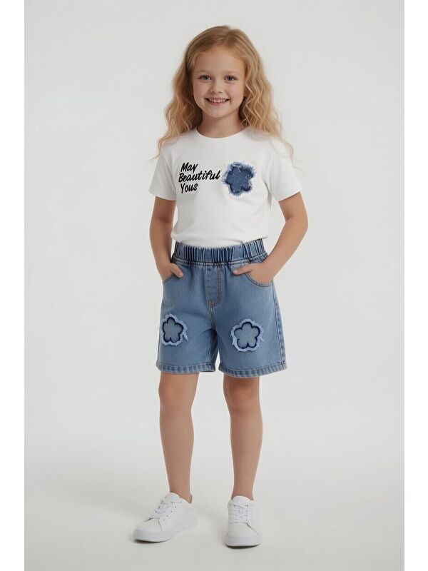 Cansın Mini Ekru Beautiful Yazılı Nakışlı Jean Şortlu Kız Çocuk 2li Takım 24061