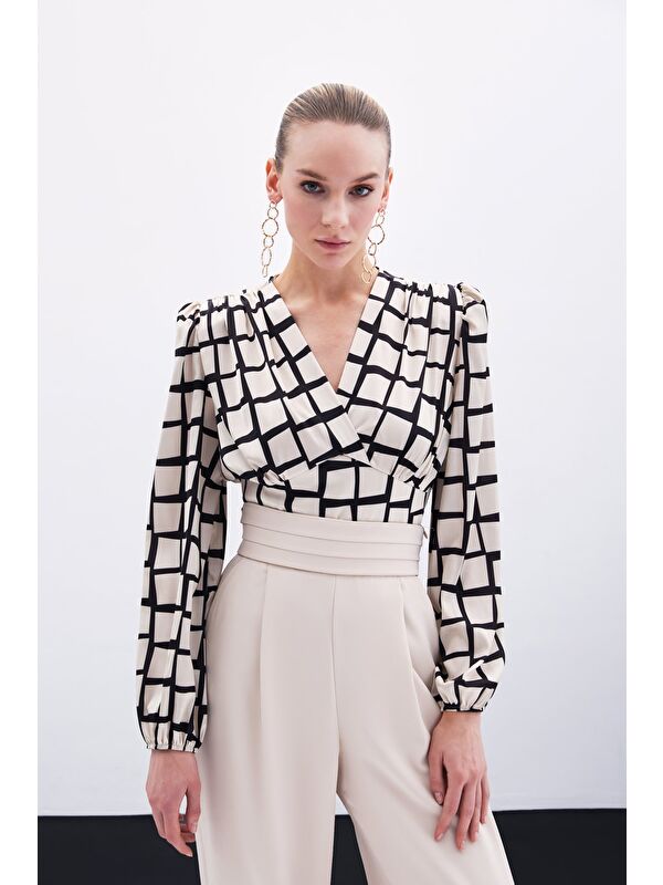 SATEEN Desenli Crop Bluz - Bej