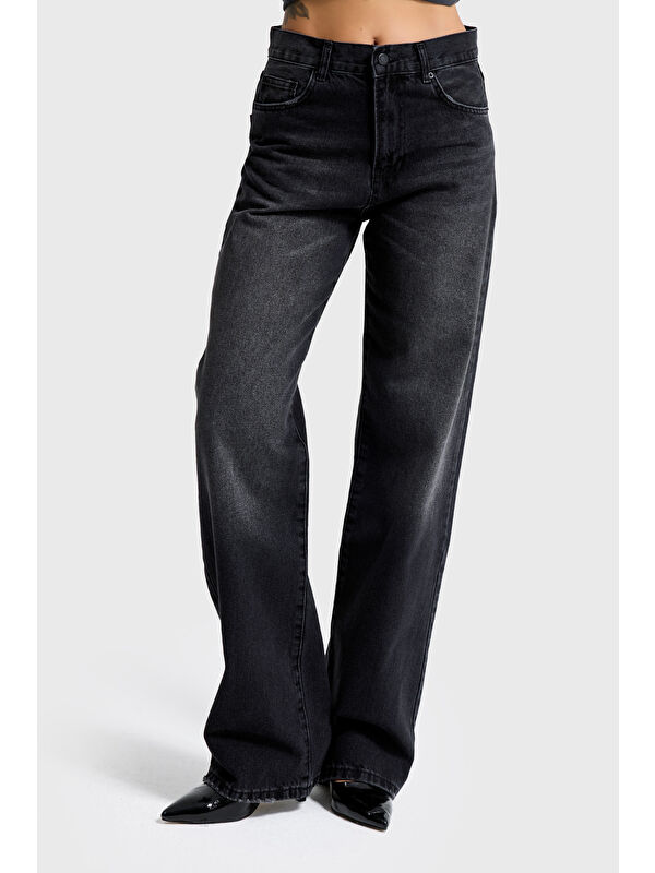 It's Basic Kadın Koyu Füme Renk 2s6-1 Loose Fit Orta Bel %100 Pamuk Denim Jean