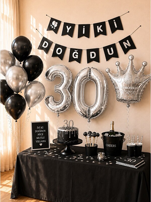Parti Adresi 30 Yaş Balon Seti Doğum Günü Parti Seti Siyah Gümüş