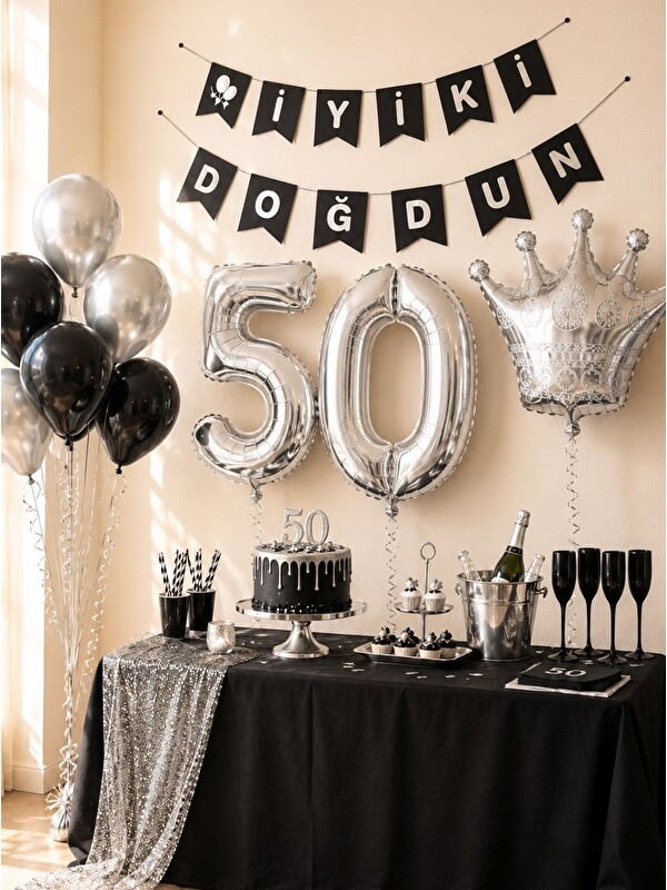 Parti Adresi 40 Yaş Balon Seti Doğum Günü Parti Seti Siyah Gümüş