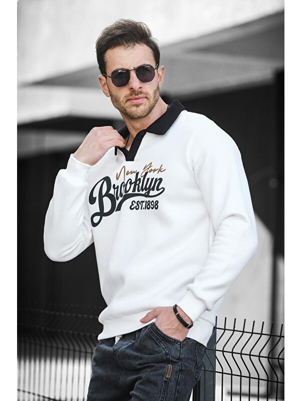 Oksit Est 1898 Baskılı Üç İplik Şardonlu Slim Fit Polo Yaka Erkek Sweatshirt