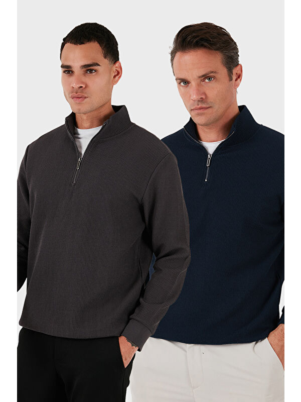Buratti Pamuklu Regular Fit Yarım Fermuarlı Dik Yaka 2'li Paket Sweat 5905716S2