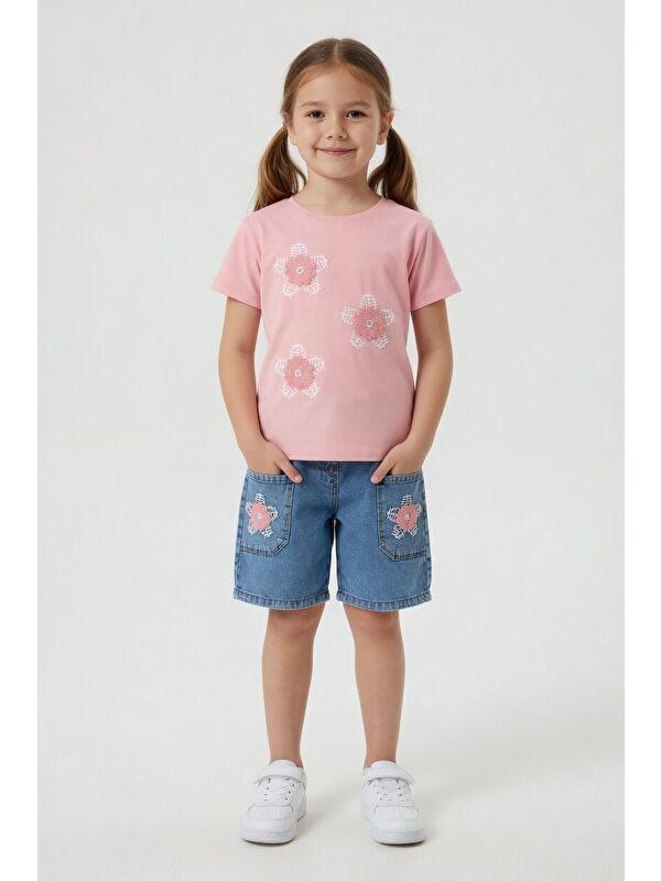 Cansın Mini Pembe Çiçek Nakışlı Tişörtlü Jean Şortlu Kız Çocuk 2li Takım 24055