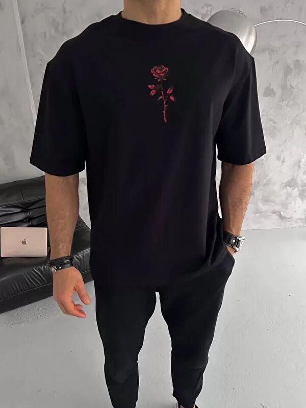 Jane's Unisex Bisiklet Yaka Baskılı Oversize T-Shirt - Siyah