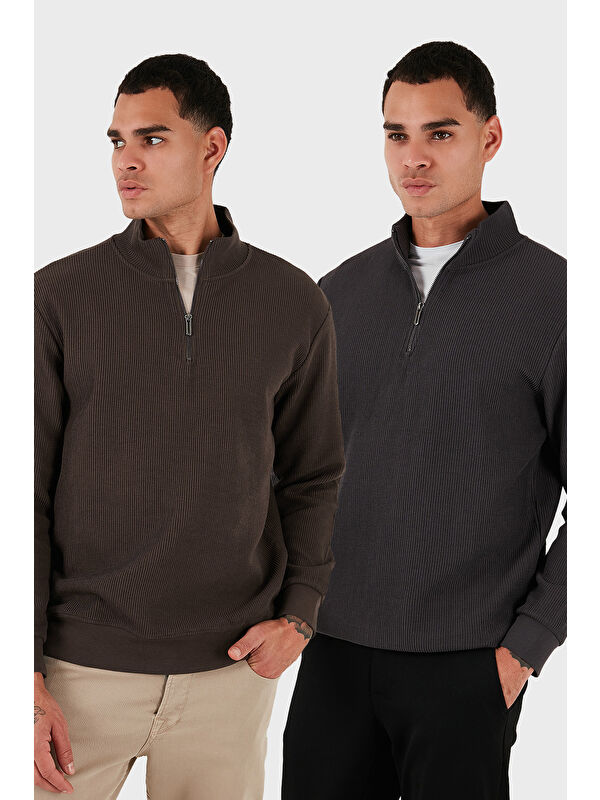 Buratti Pamuklu Regular Fit Yarım Fermuarlı Dik Yaka 2'li Paket Sweat 5905716S2