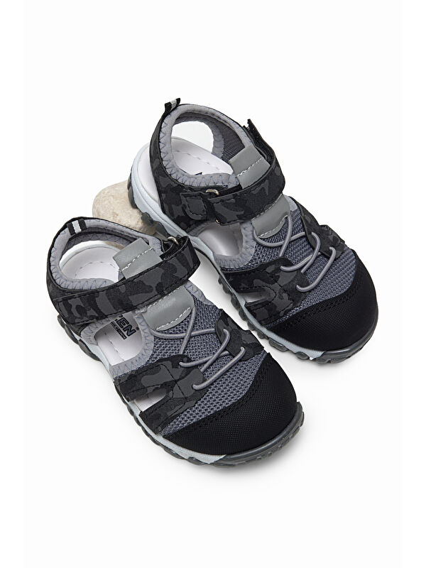 TONNY BLACK Çocuk Unisex Siyah Kamuflaj Çoçuk Cırt Ve Bağcıklı Rahat Kalıp Sandalet