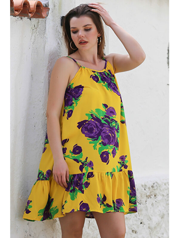Chiccy Sarı Eteği Fırfırlı Ayarlanabilir Askılı Allover Baskılı Casual Viskon Dokuma Elbise 105 66