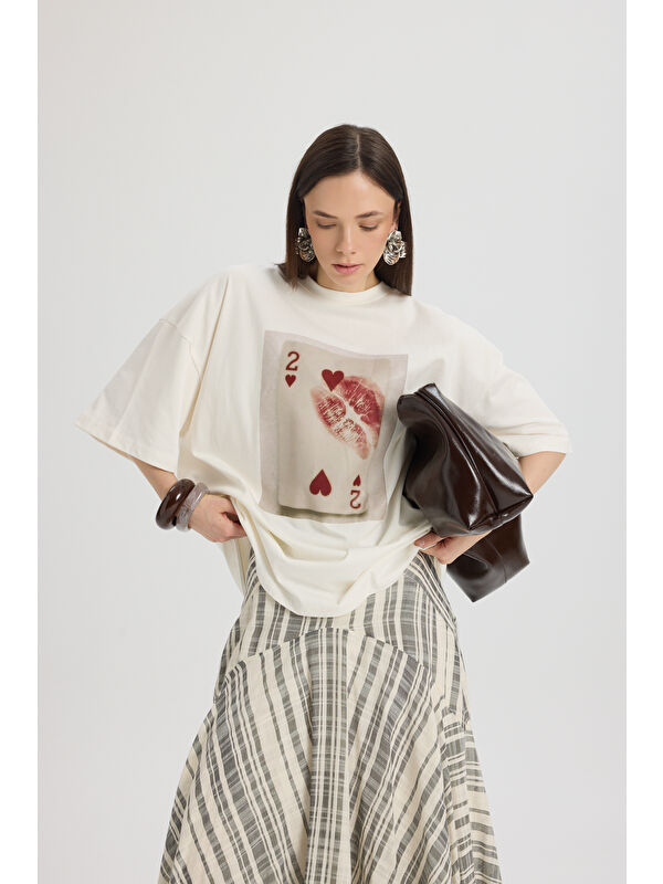 Mai Collection Two Of Hearts Oversize Beyaz T-Shirt