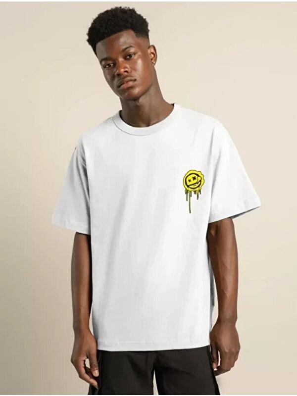 Jane's Unisex Bisiklet Yaka Baskılı Oversize T-Shirt - Beyaz