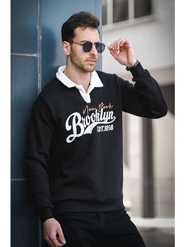 Oksit Est 1898 Baskılı Üç İplik Şardonlu Slim Fit Polo Yaka Erkek Sweatshirt