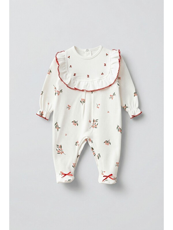 Magu Kız Bebek Pamuklu Ekru Çiçek Desenli Tulum Ve Bandana Set