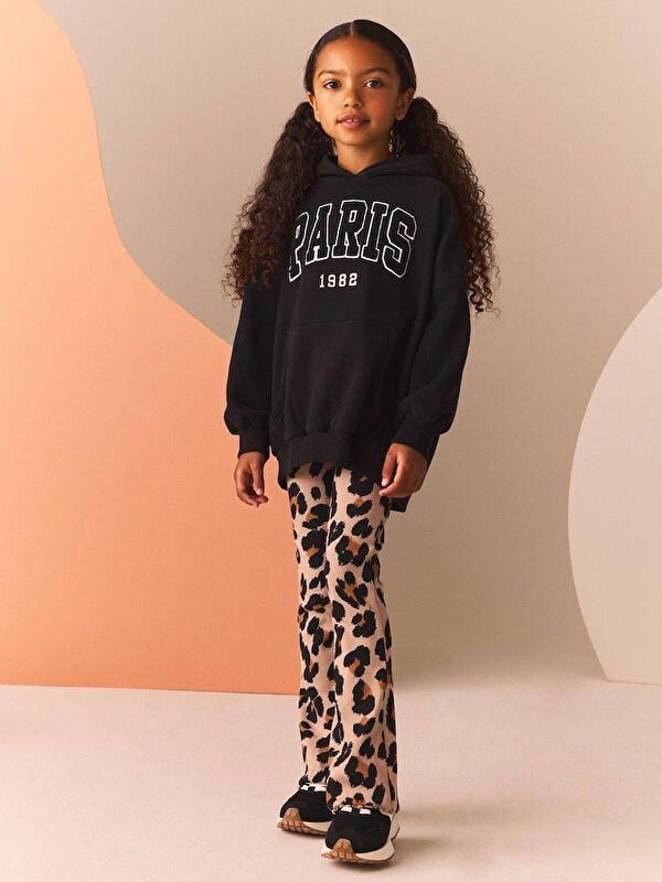 Magu Kız Çocuk Pamuklu Siyah Kapüşonlu Sweatshirt Leopar Desenli Pantolon Takım