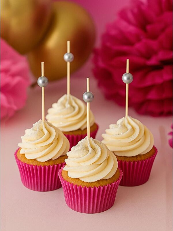 Parti Adresi İncili Kürdan Süslü Dekoratif Cupcake Kürdanı Gümüş 12'li