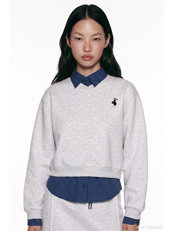 QUZU Ekose Garnili V Yaka Oversize Sweatshirt Karmelanj