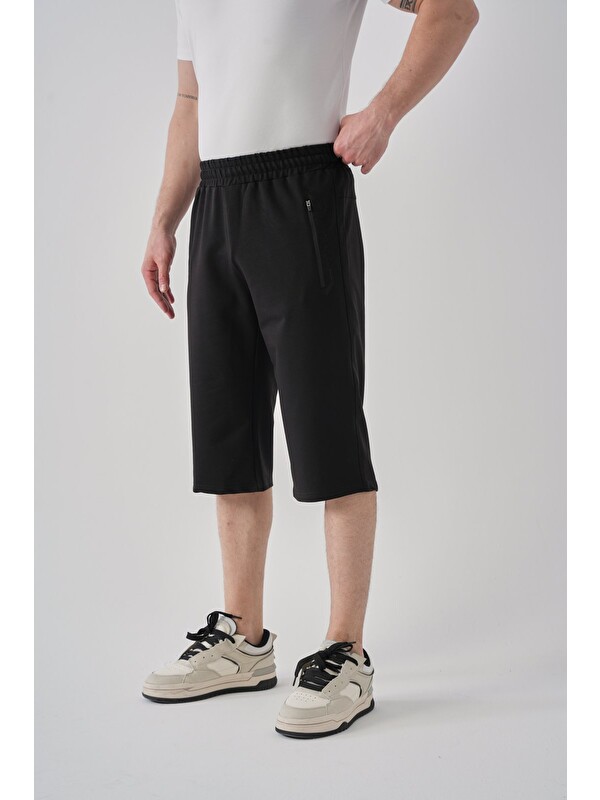 Shooter Sportswear Siyah Erkek Yazlık Kapri  Fermuarlı Cep Rahat Kalıp Beli Ayarlanabilir