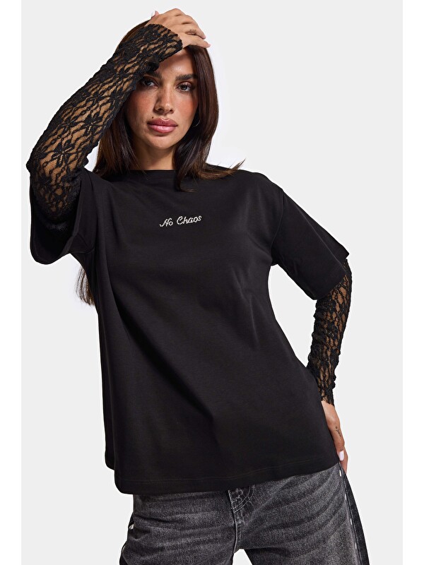 It's Basic Kadın Siyah w6-1 Oversize Dantel Detaylı Uzun Kollu Tasarım T-Shirt