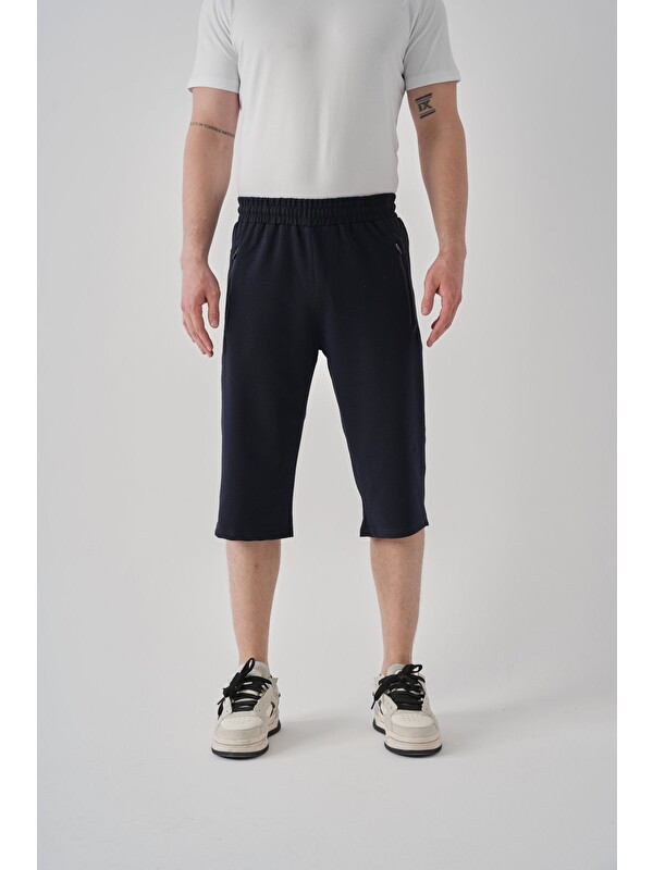 Shooter Sportswear Lacivert Erkek Yazlık Kapri  Fermuarlı Cep Rahat Kalıp Beli Ayarlanabilir