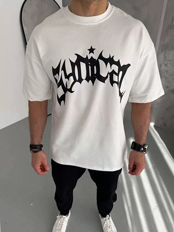 Jane's Unisex Bisiklet Yaka Baskılı Oversize T-Shirt - Beyaz