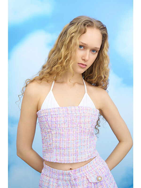 QUZU Bağlama Detaylı Tüvit Crop Bluz Lila