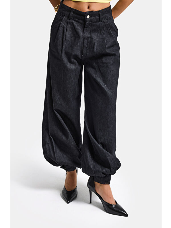It's Basic Kadın Su Yıkama Siyah 7s6-51 Jogger Fit Paça Detaylı Özel Tasarım Denim Jean